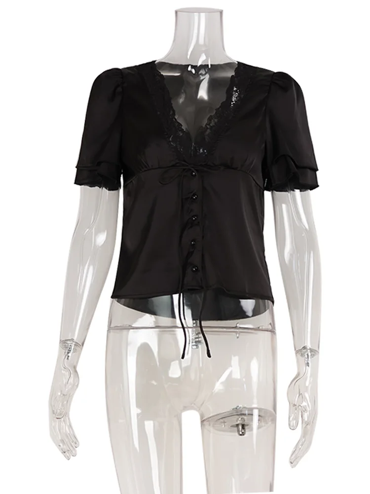 아하가가 캐주얼 여성용 탑 솔리드 레이스 넥 반팔 새틴 슬림 버튼 레귤러 엘레강스 스트릿웨... - 5