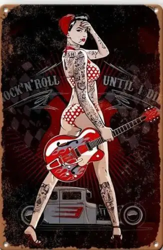 ROCK N ROLL UNTIL I DIE METAL TIN SIGN SEXY PIN UP TATTOO RED GUITAR - BAR BAND sign