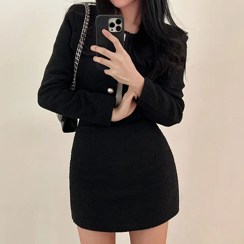 EVNISI 2 Two Piece Women Tweed Long Sleeve Pearl Buttons Sets Short Jacket and A-line Mini Skirt Set Women Outfits Fall Winter