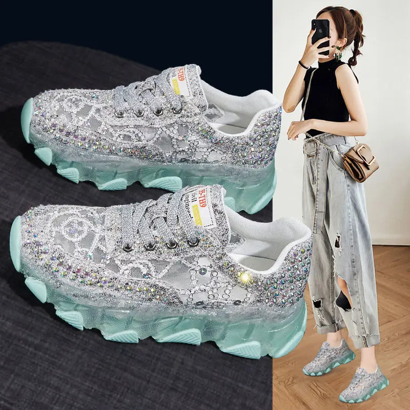 Clear Elegant Sports Shoes for Women 2024 Gym Rhinestone Casual Women's Shoe Tennis Fashion Transparent Thick Bottom Sneakers