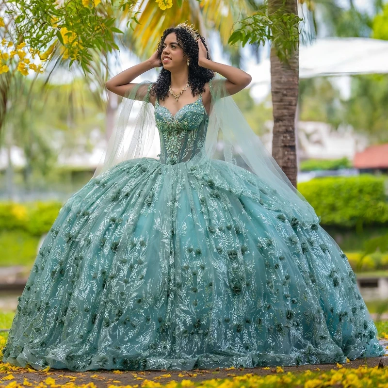 Customized Mint Green Quinceanera Dresses Ball Gown Off Shoulder Sequin Appliques Flower Beads Tull Sweet 16 Dress Vestidos 15