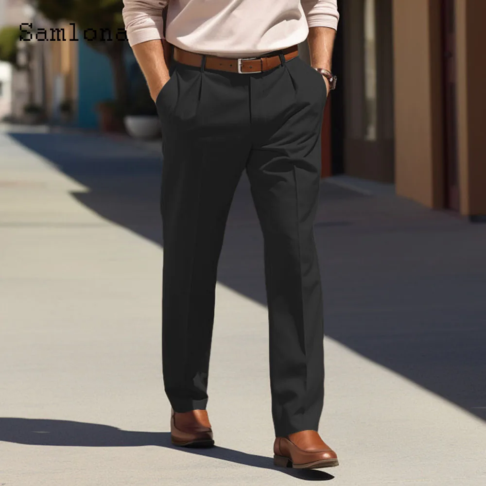 Men's Stand Pocket Elegant Straight Pants Solid Gray Black Formal Party Wedding Trousers Plus Size Mens Fashion Basic Suit Pants