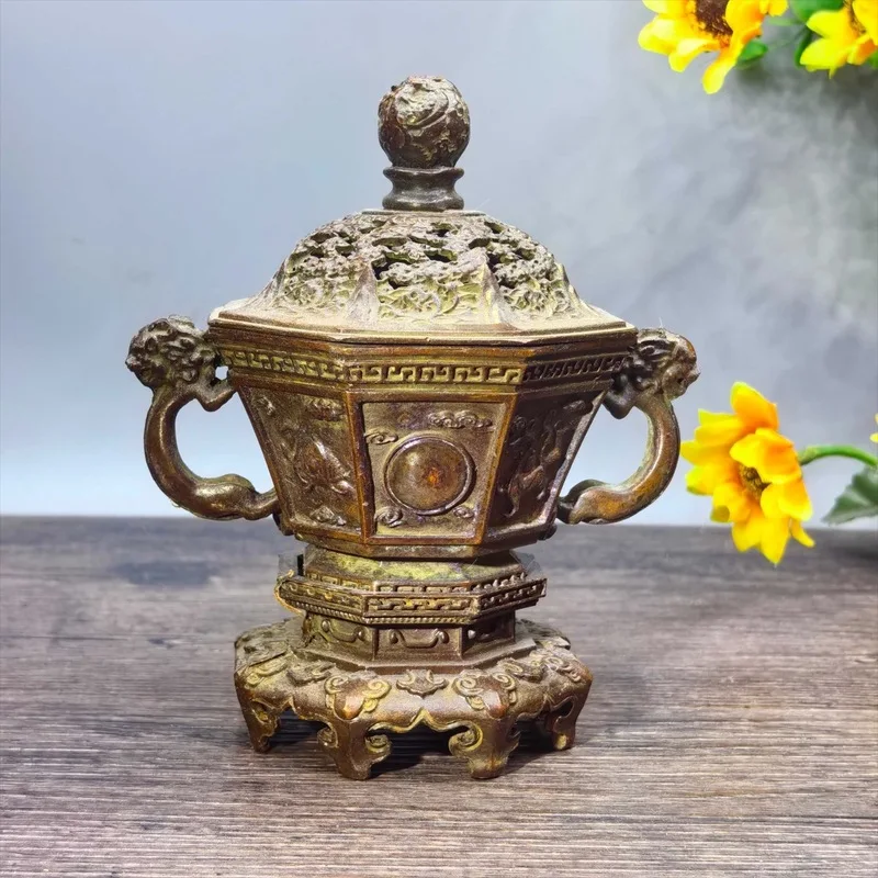 Copper double-eared lion ornament, four-sided mythical beast censer, antique collectible, distressed vintage home and off