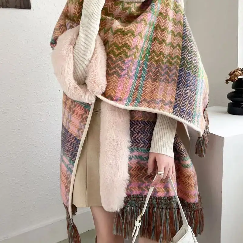 

Новый толстый теплый модный вязаный кардиган-пончо, женский плащ с меховым воротником, женские вечерние шали, новый дорожный шарф с рукавами, зимний ﻿