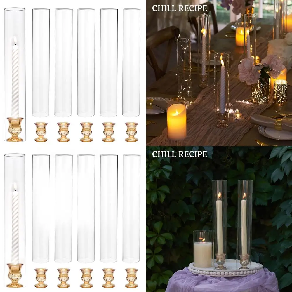 

Набор из 6 высоких подсвечников для конических свечей с 14 прозрачными цилиндрическими колпаками, золотым основанием и прозрачным колпаком- Chimney для свадебных центральных украшений стола
