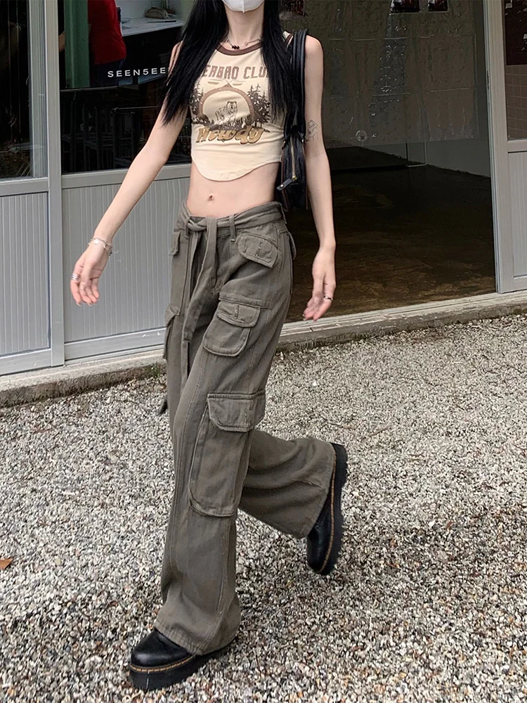 

Benuynffy Y2K Vintage Belted Cargo Pants Wommen American Streetwear Multi-pocket Casual High-waisted Straight Leg Denim Pants