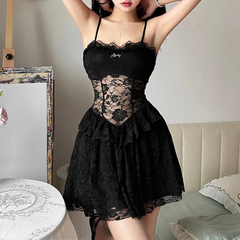 

Goth Dark High Street Spaghetti Strap Mini Dresses for Women Y2K Sexy Sheer Party Vestido Gothic Women Slim Gown Club Dresses