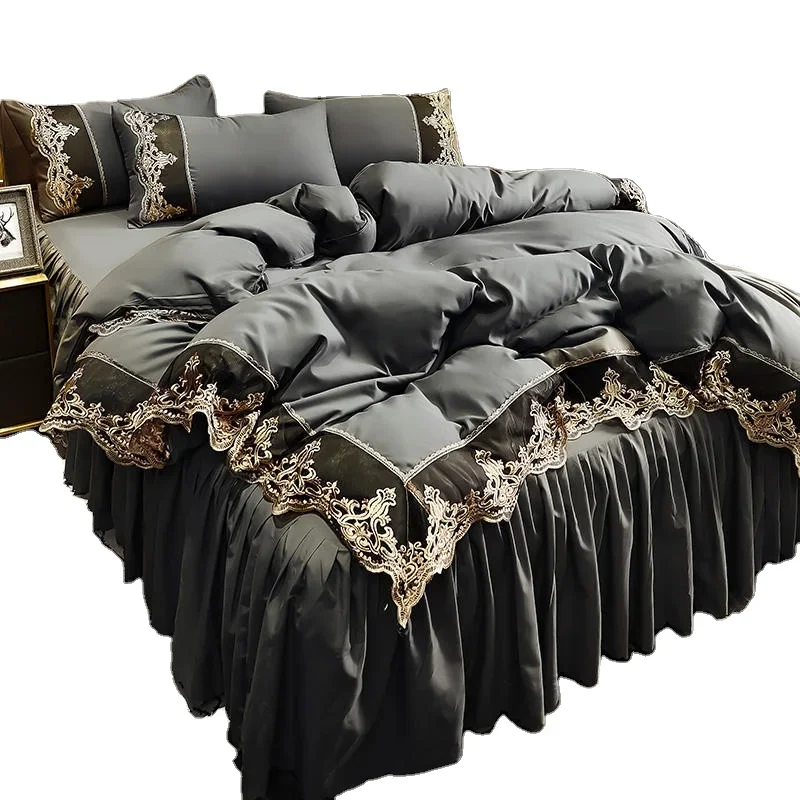 

High quality bed skirt pillowcase solid lace design hotel home bedding set