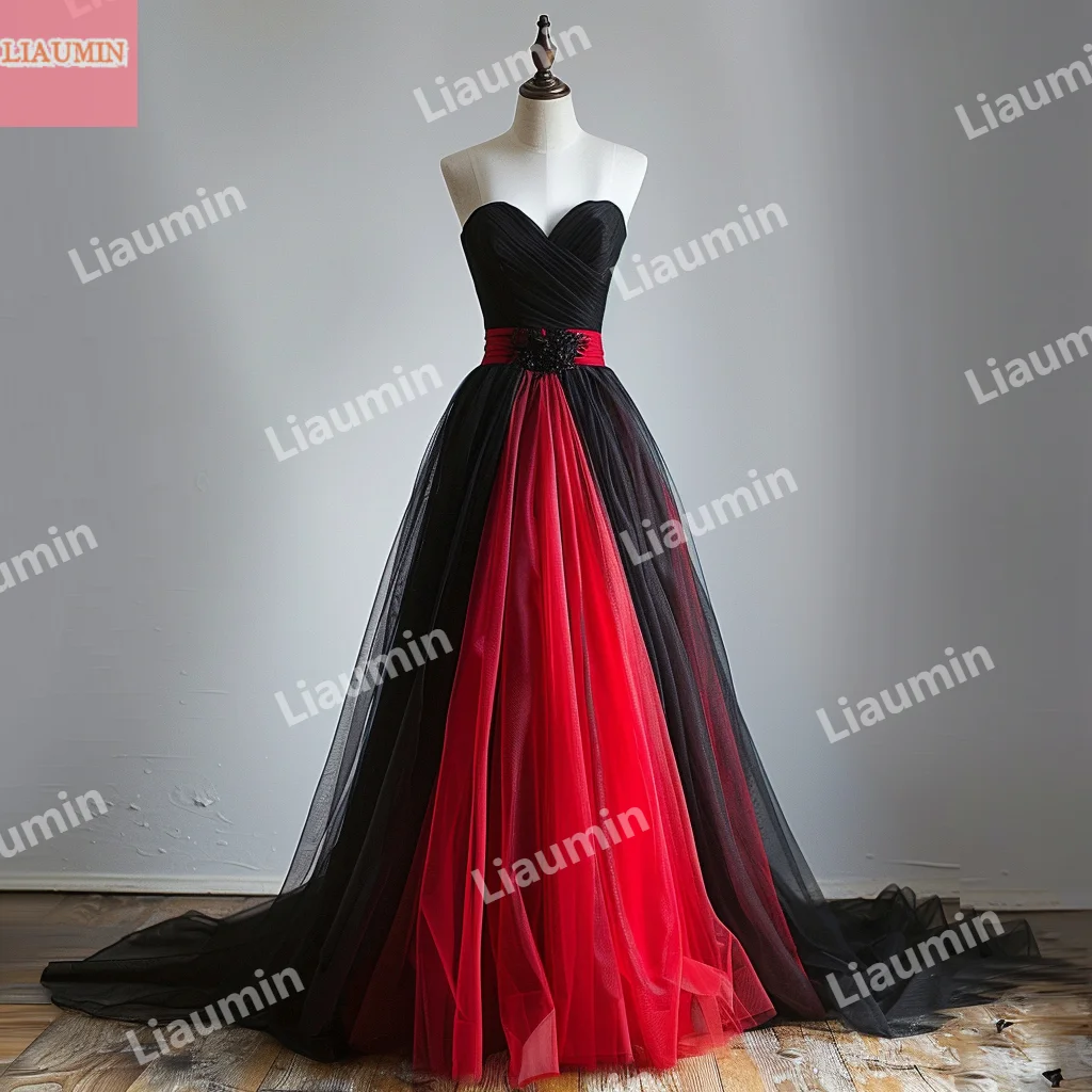 

Custom Hand Made Red And Black Tulle A Line With Sash Strapless Prom Dress Lace Up Back Evening Formal Party Clothing W15-51.21