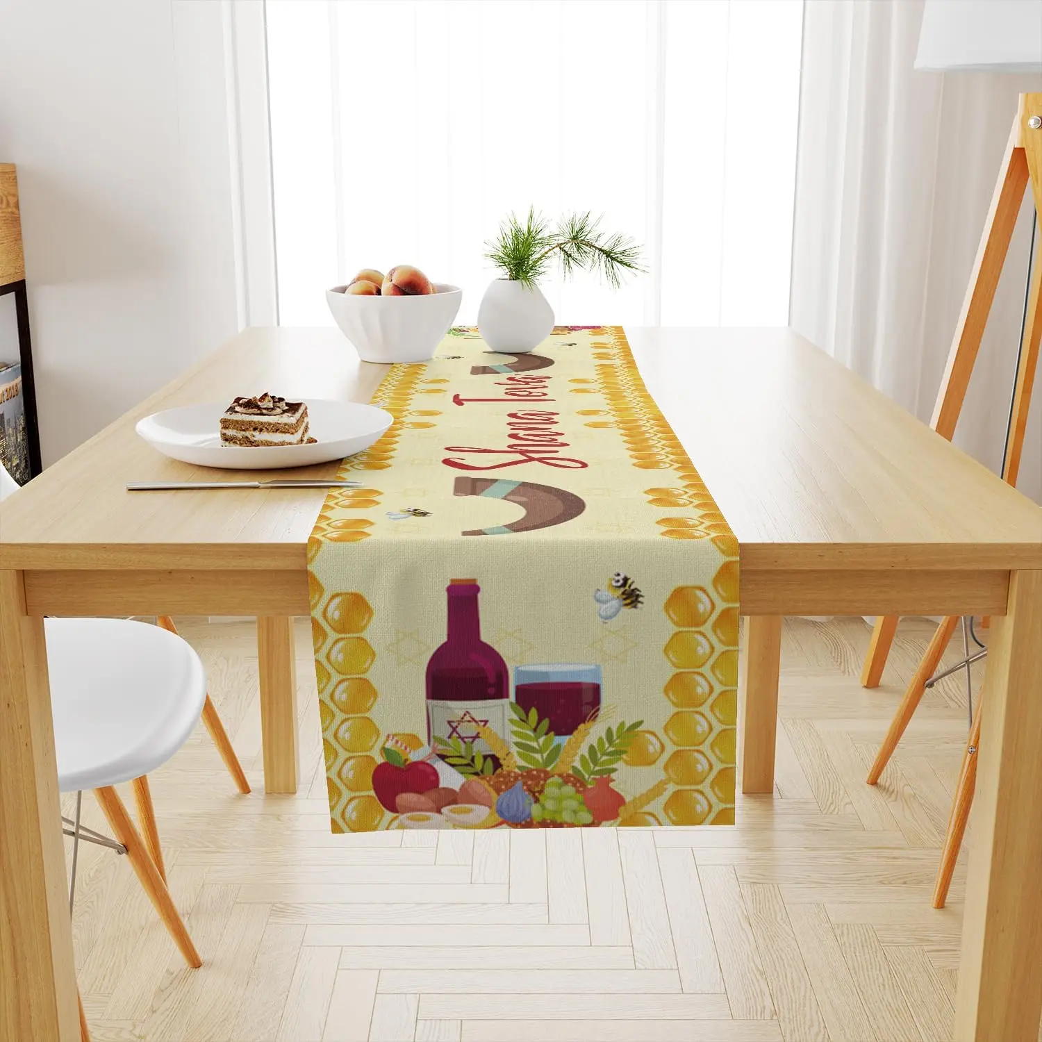Rosh Hashanah Honey Horn Linen Table Runner Jewish Holiday Decor Reusable Kitchen Dining Table Runner Shana Tova Decorations