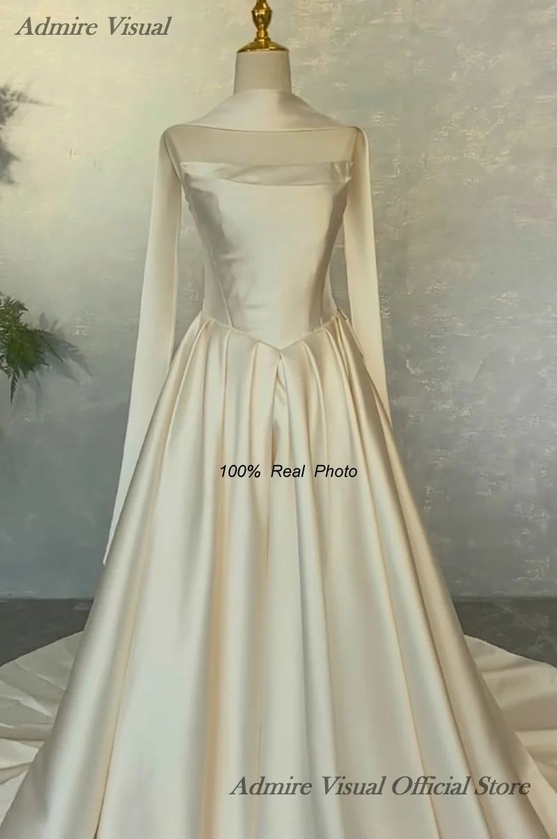 Admire Visual Customized Wedding Dress A-Line Satin Boat Neck Neckline Sleeveless Basque With Ribbon Bride Gowns