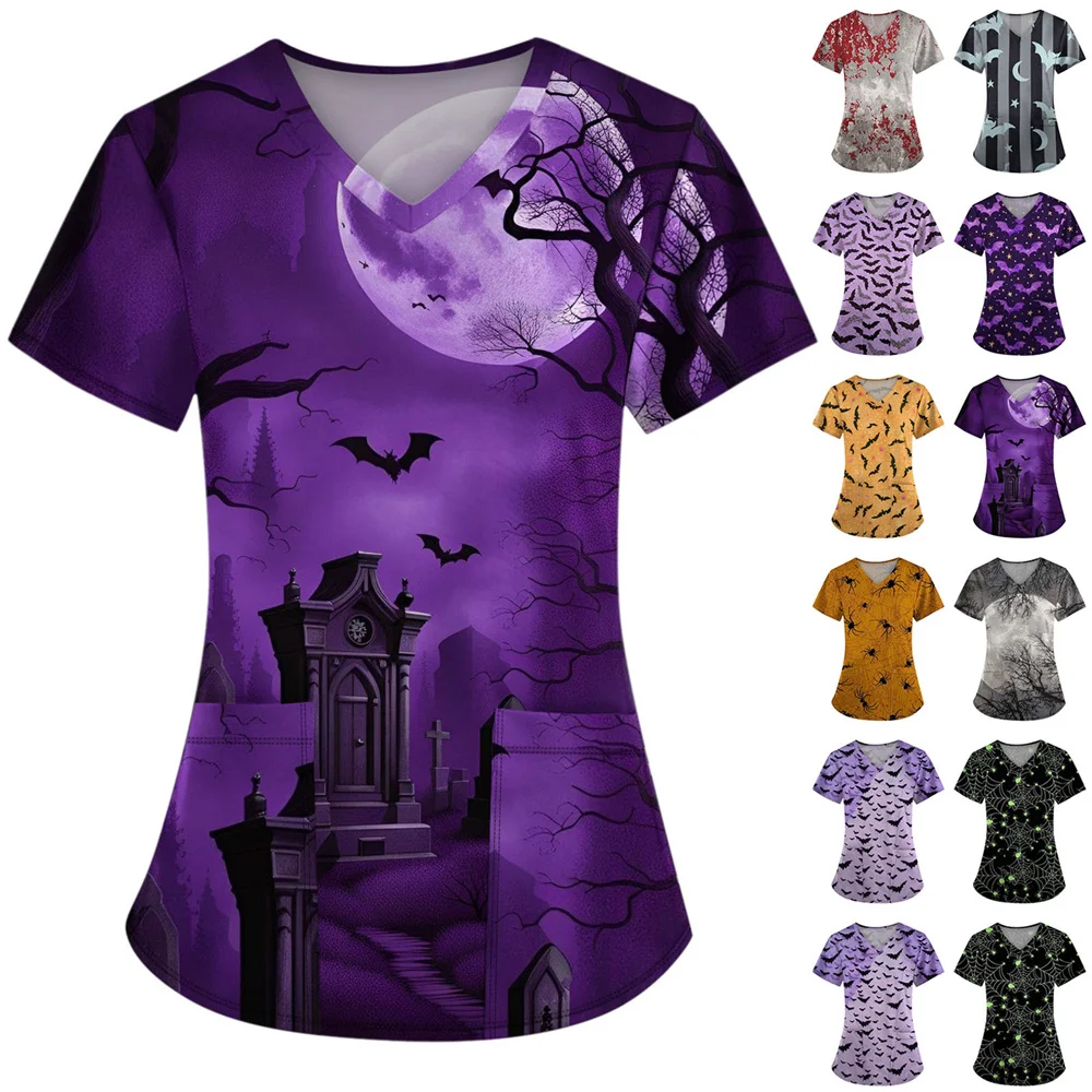 ユニセックス半袖看護ユニフォーム,VネックのハロウィーンTシャツ,ホテル,病院,医師,手術用の夏用ユニフォーム