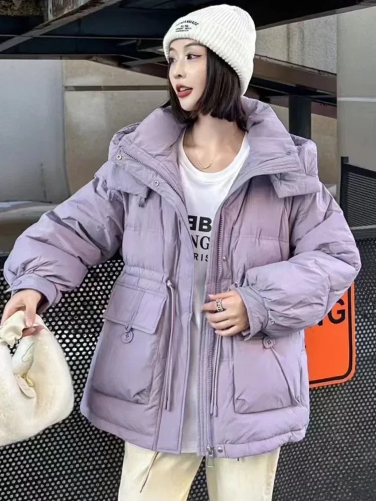 Winter Down Jacket Women White Duck Down Thickened Warm Coat Korean Mid-length Casual Waist  Hooded Women's Clothing