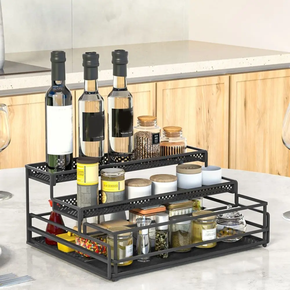 Black Pull-out Drawer Seasoning Rack Rustproof Strong Load-bearing Pull Out Storage Rack Large Capacity Spice Storage Holder