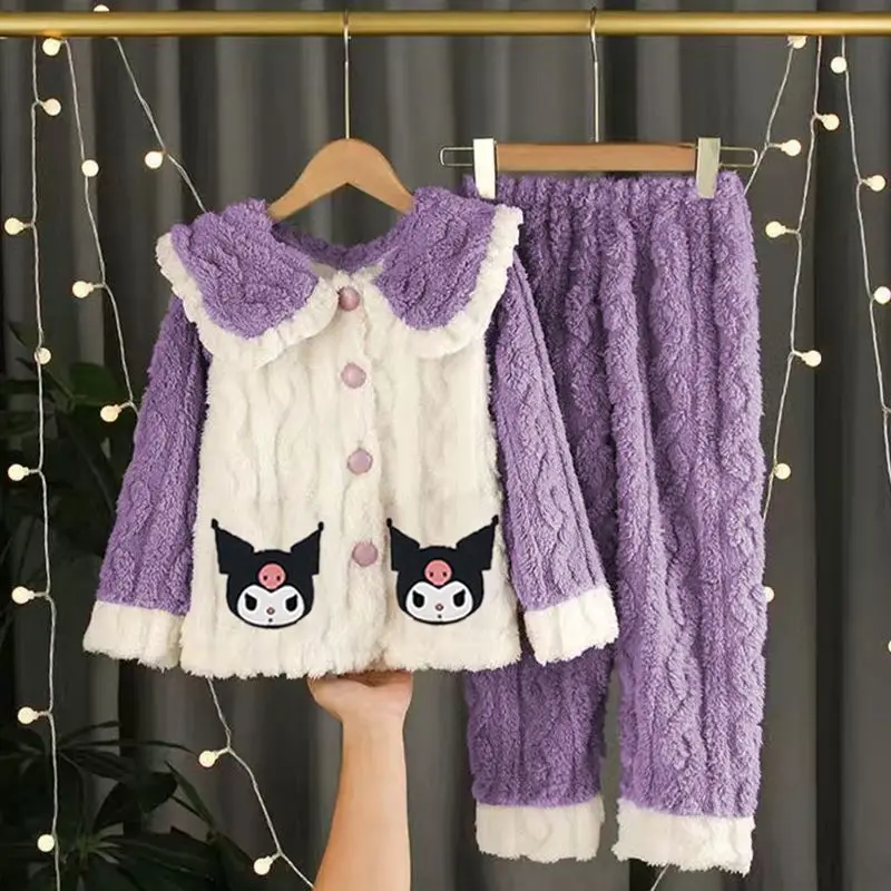 2023 New Winter Girls Home Pajamas Set Home Clothes Sanrio My Melody Cinnamoroll Cute Warm Pajamas Flannel Set Holiday Gift