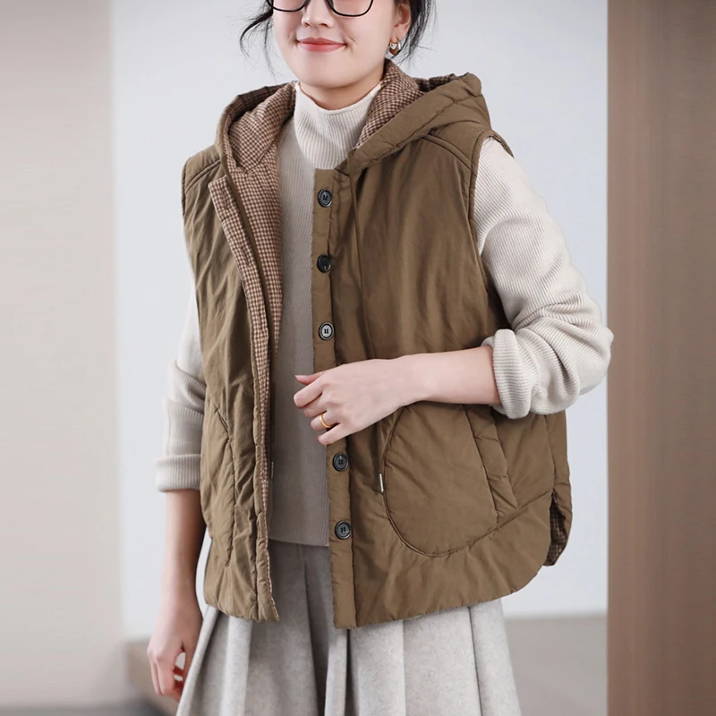 

Women Casual Vest Coats New Arrival 2025 Autumn Simple Style Solid Color Loose Female Thick Warm Hooded Jackets M2090