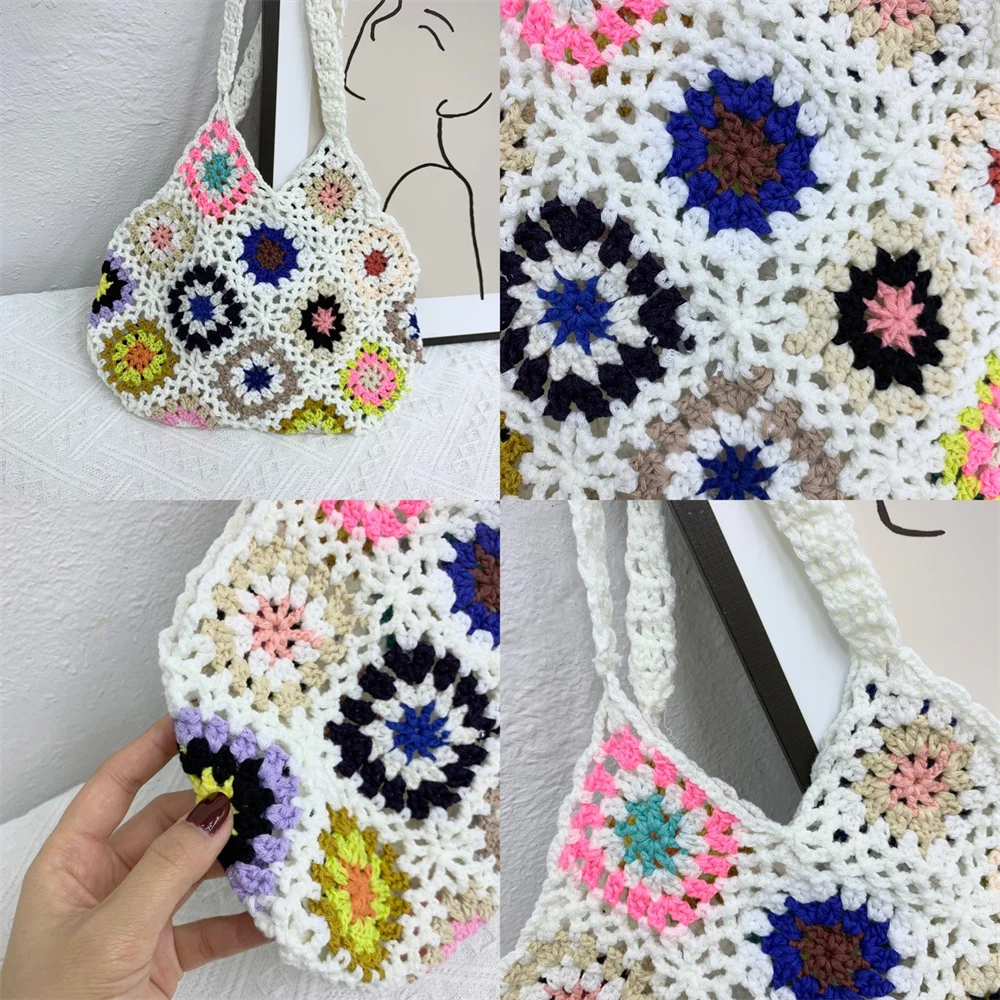 Summer Beach Crochet Handbags Bohemian Hollow Out Floral Woven Handbags Large Capacity Women's Bag Shopping Bags Tote