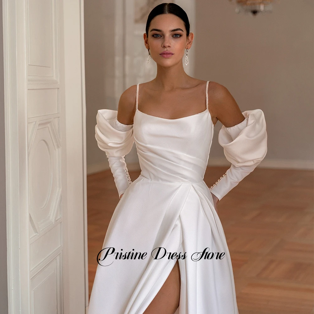 Robe de mariée trapèze en Jersey blanc Simple, avec fente latérale, bretelles Spaghetti personnalisées, manches détachables