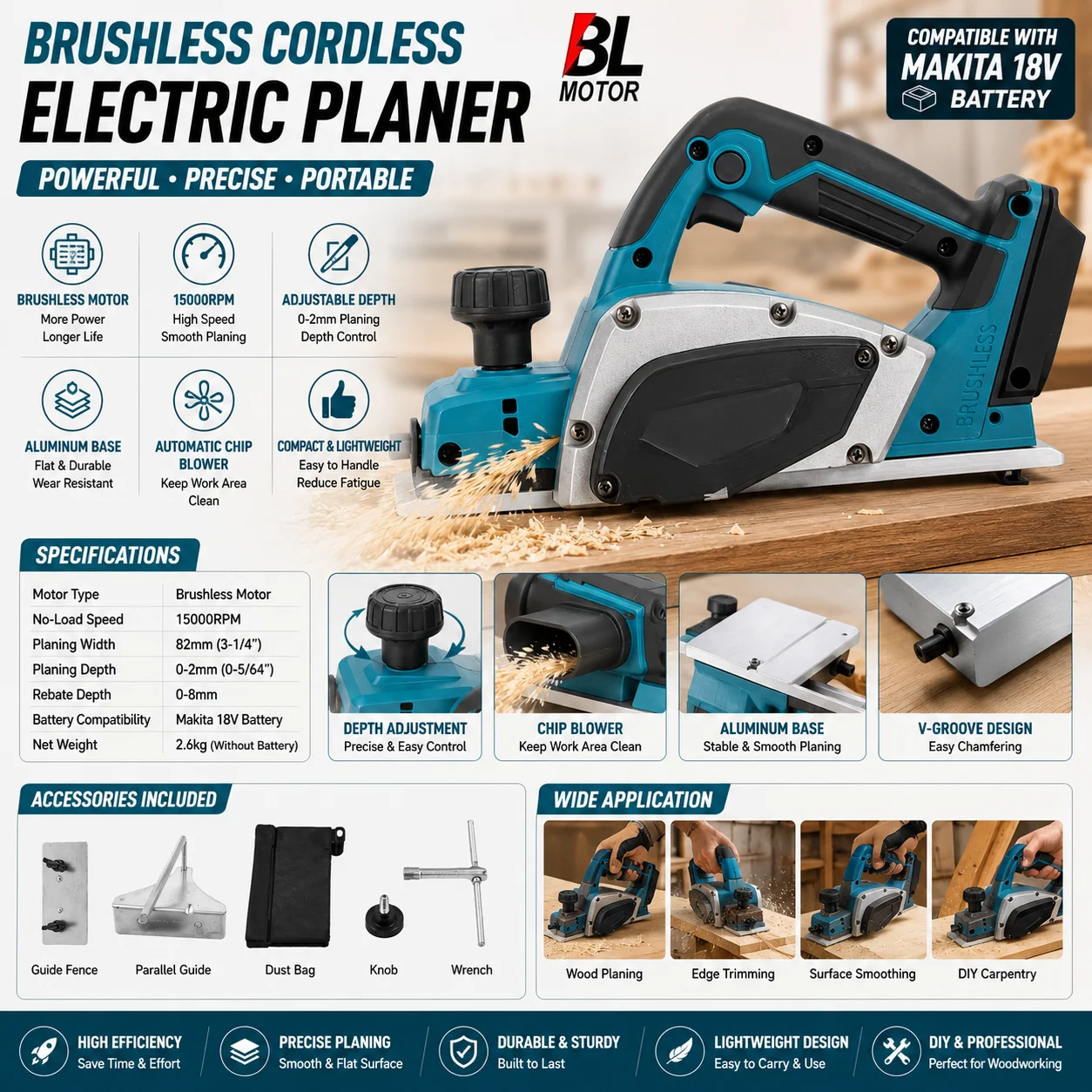 Bürstenloser, kabelloser Elektrohobel mit 15.000 U/min, handgeführter Holzhobel, einstellbare Hobeltiefe, Elektrowerkzeug für die Holzbearbeitung, automatischer Späneabbläser, Oberflächenhobel,