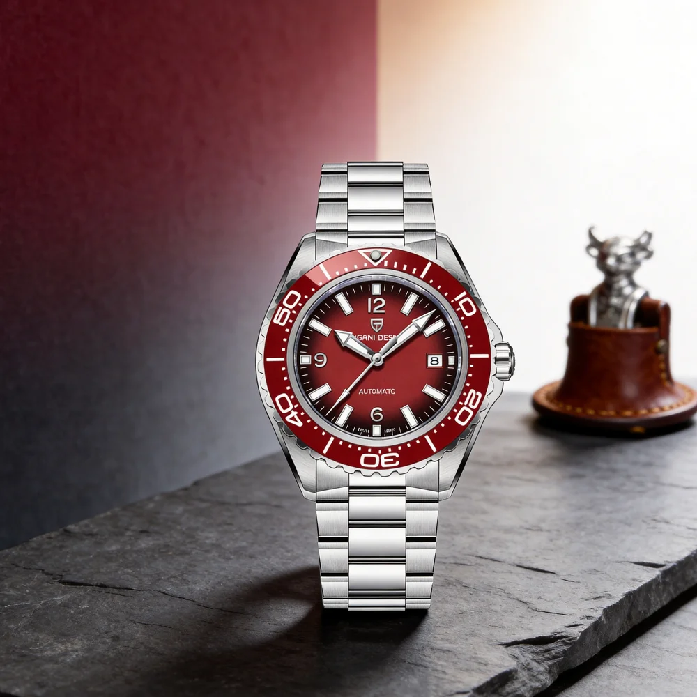 Pagani Design Men's Automatic Watch Luxury Sapphire Glass 100M Waterproof Red Ceramic Bezel Business Mechanical Watch