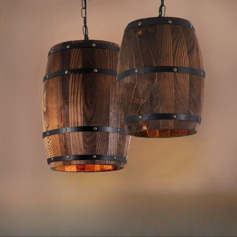 Vintage Wooden Barrel Pendant Lamp American Industrial Style Restaurant Bar Coffee Shop Decoration Solid Wood Creative Droplight