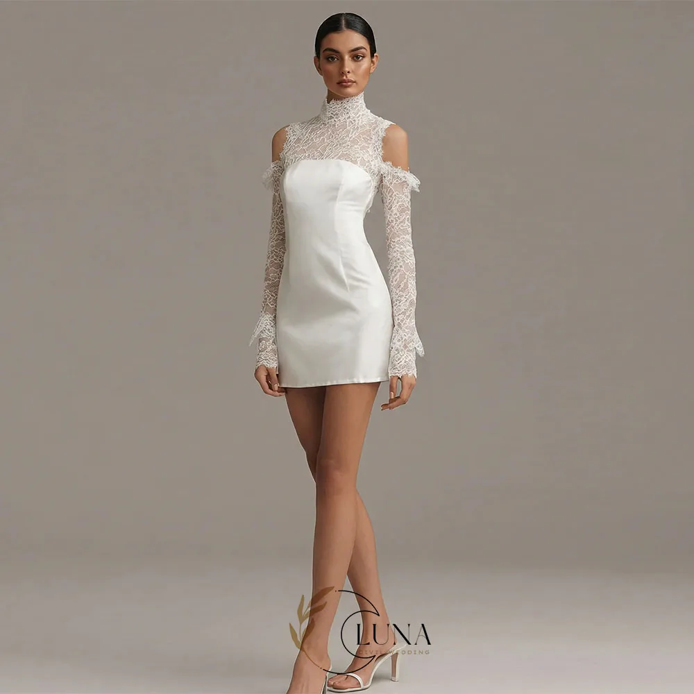 Luna Maßgeschneidertes Elegantes Kurzes Spitzen-Brautkleid für Damen 2026 Langarm Hochgeschlossen Schärpe Über-Knie Brautkleid Vestido De Novia