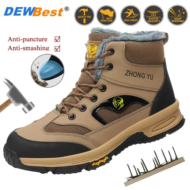 Men's Winter Fleece-Lined, Warm, Steel-Toe Outdoor Safety Shoes—Impact-Resistant and Puncture-Resistant Winter Cotton Shoes