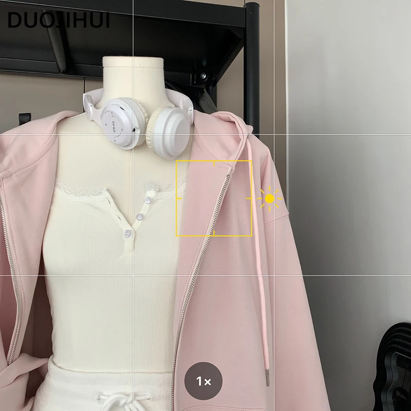 DUOJIHUI Three Piece Loose Pink Hooded Female Hoodies White Lace Camisole Top Fashion Drawstring Skirt Chic Zipper Women Hoodies