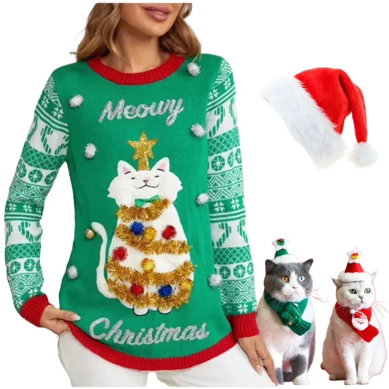 

Women Ugly Christmas Sweater Pet Hat Scarf Cartoon Kitten Embroidery Green Red Top Xmas Carnival Party Pullover Outfits