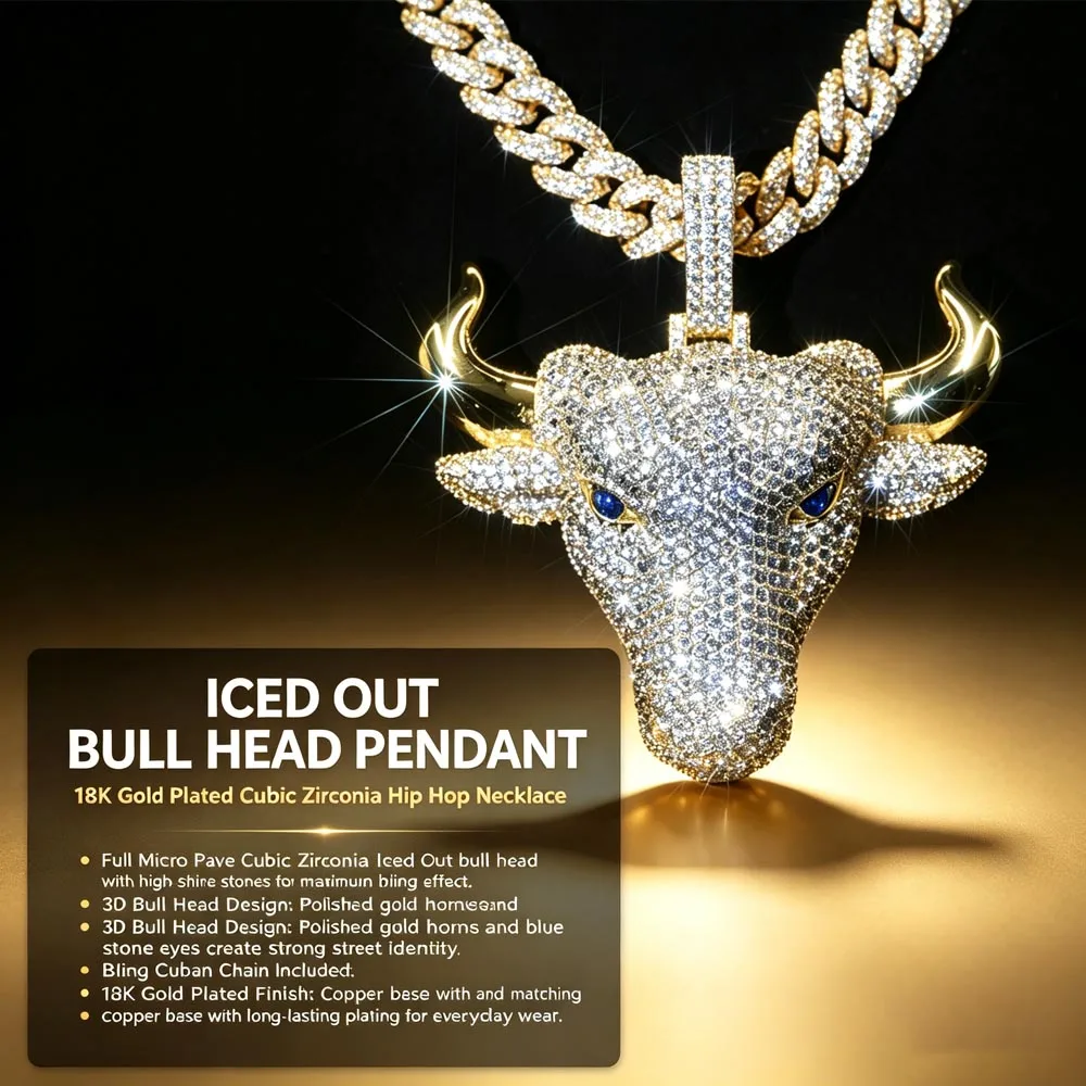 Iced Out Bull Head Pendant 18K Gold Plated Full Cubic Zirconia Hip Hop Necklace Cuban Chain Accessories 3D Micro Pave Bull Charm with Polished Gold Horns Sapphire Blue Eyes, Full Diamond for Rappers Investors Wealth Power Cool Street Fine Jewelry Gifts