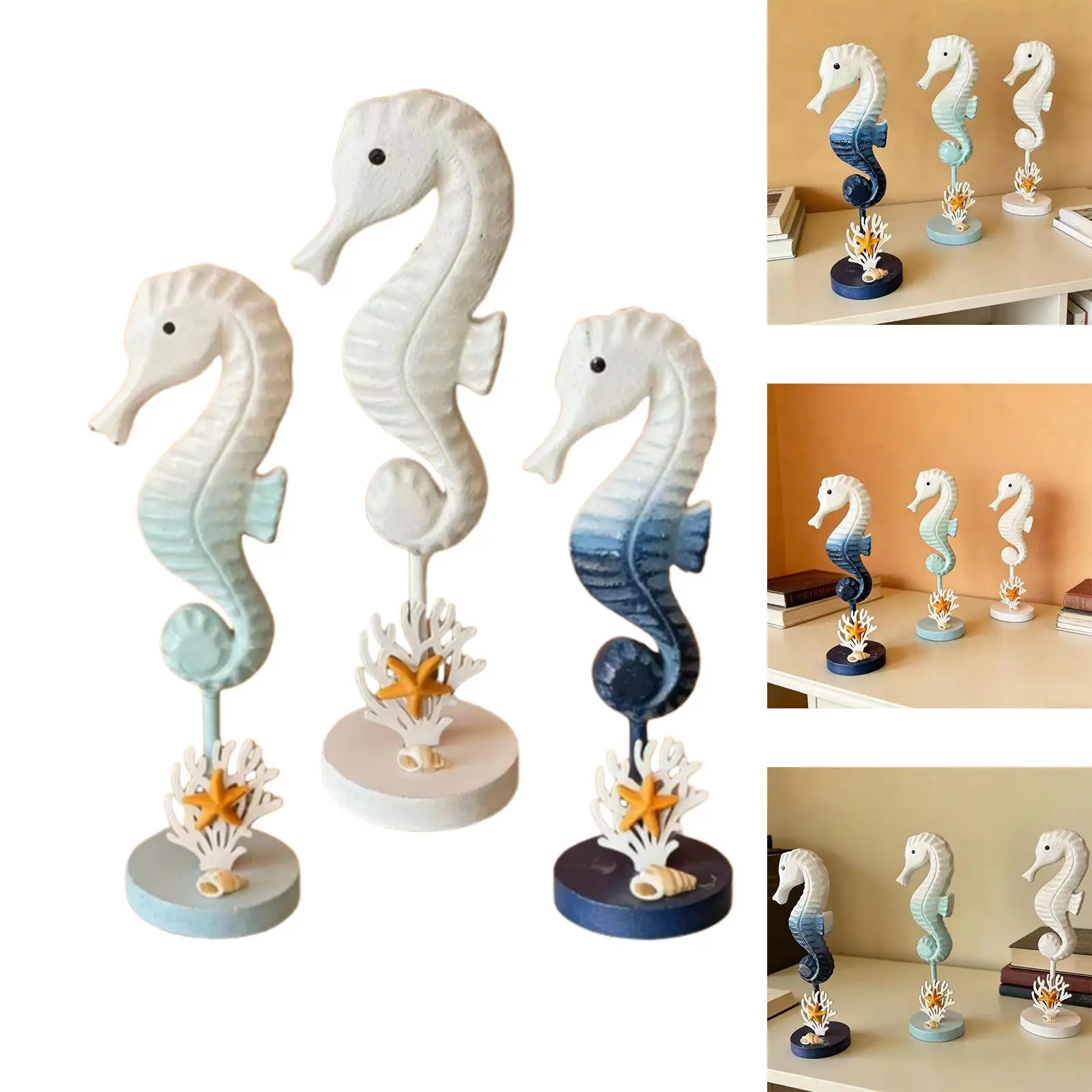 Seahorse Wooden Figurines Coastal Decor Nautical Beach House Sculpture Modern Decoration Statuette for Ocean Room