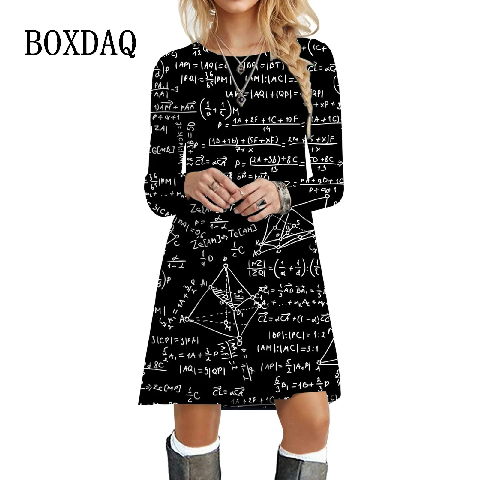 Figure Mathematical Formula Dresses For Women Plus Size Clothes Autumn Winter Long Sleeve Loose Street Casual Mini Dress Vestido