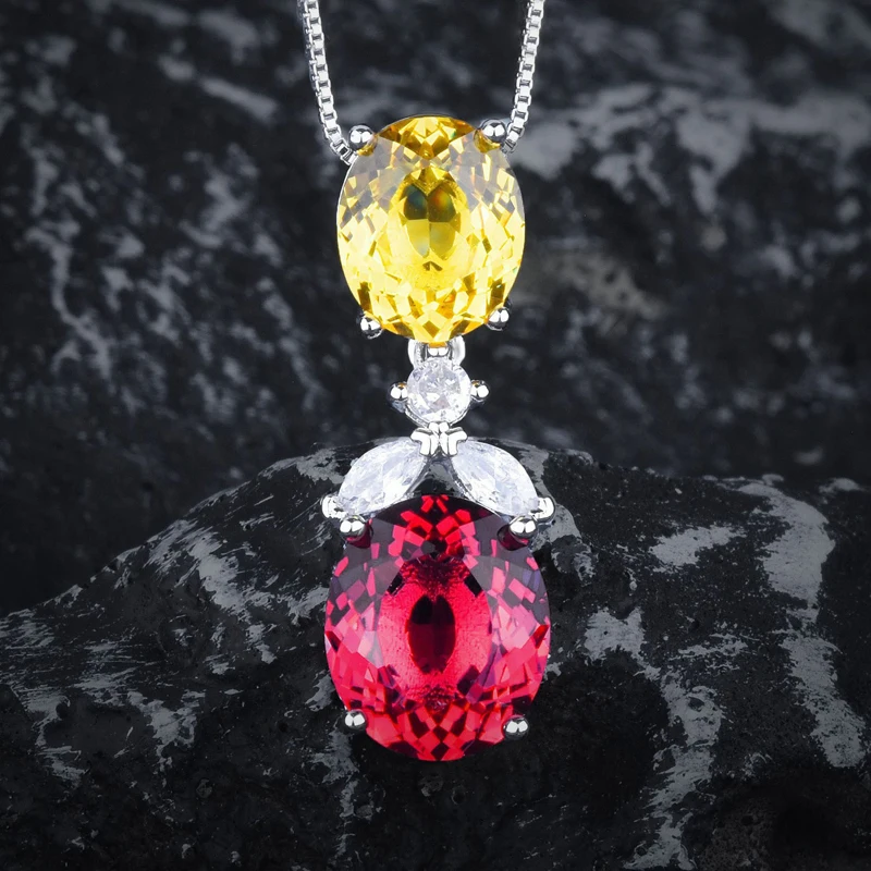 KOFSAC Luxury Crystal Red Yellow Geometric Necklace Earrings Ring For Women Elegant 925 Sterling Silver Anniversary Jewelry Set