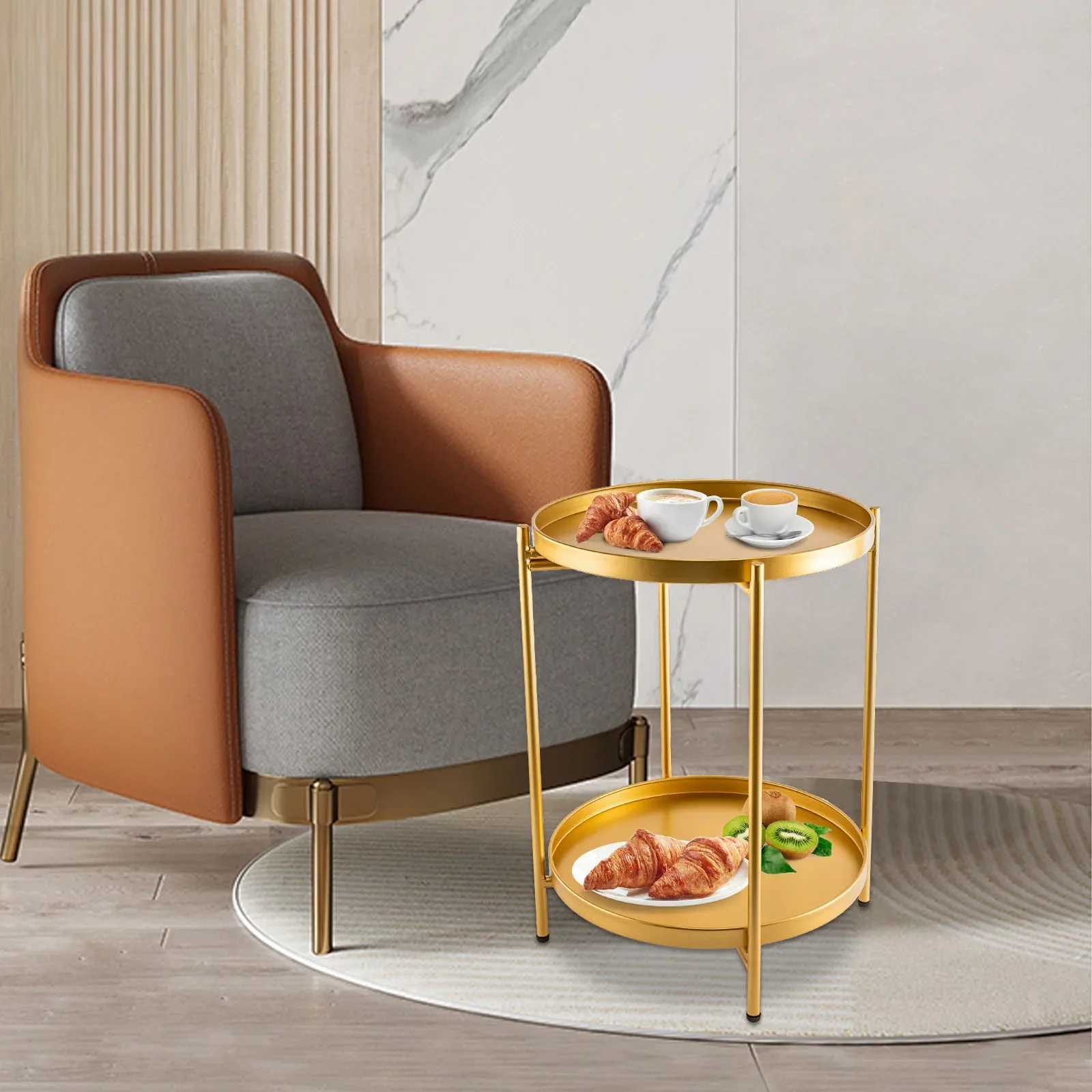 2 Tier Gold Side Tables Coffee Table for Living Room Furniture Chic End Table with Anti-slip Feet Delicate Home Decor Accessorie