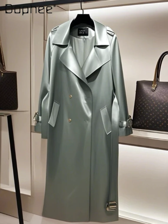 

Light Luxury Fashion Simple Satin Temperament Long Trench Coat Women Commuter Style High-end Fashion Belt Double-breasted Trench