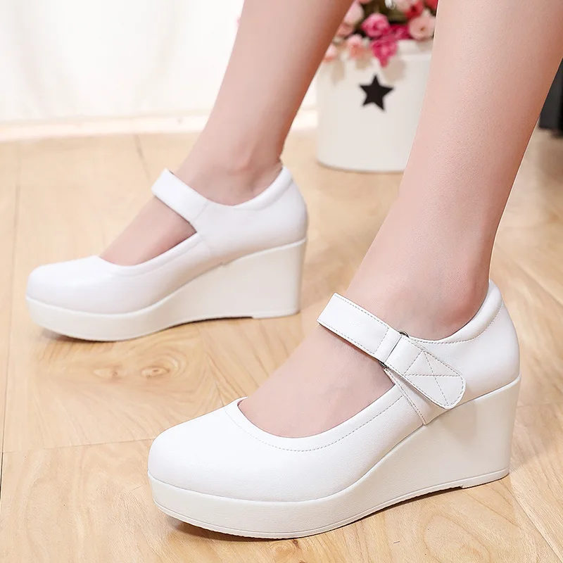 Genuine Leather Shoes Platform Wedges Mary Janes Women Spring 2024 High Heels Pumps for Office Model