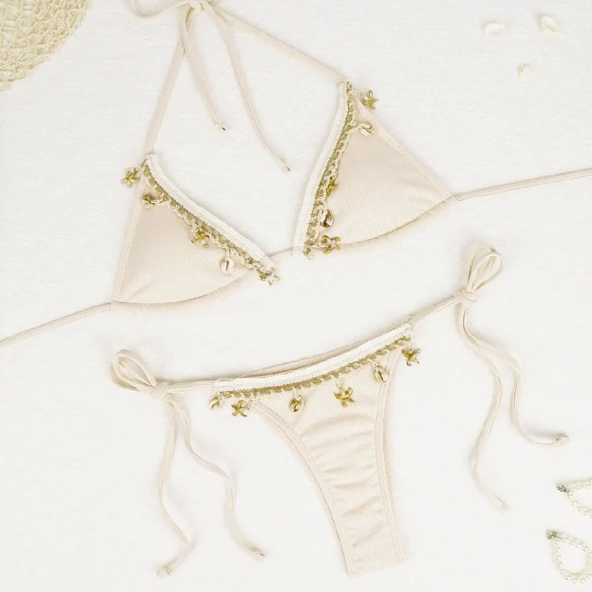 Coquille décoration côtelé Bikini femmes maillots de bain femme maillot de bain deux pièces Bikini ensemble licou à bretelles baigneur maillot de bain bain dame