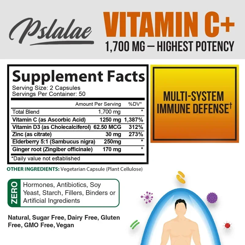 Vitamin C 1700 mg with Vitamin D3, Zinc, Elderberry, Ginger Root - Maximum Strength Support Non-GMO