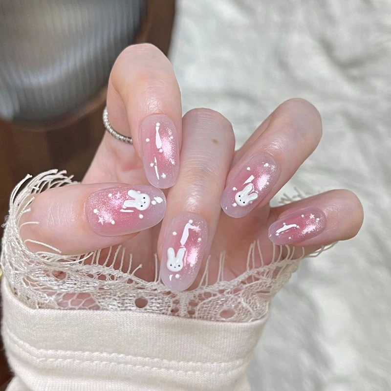 10Pcs Cute 3D Polka Dot Bunny New Cat Eye Nail Art Short Almond Lovely Strawberry Rubbit Reusable Nail Stickers Press on Nails