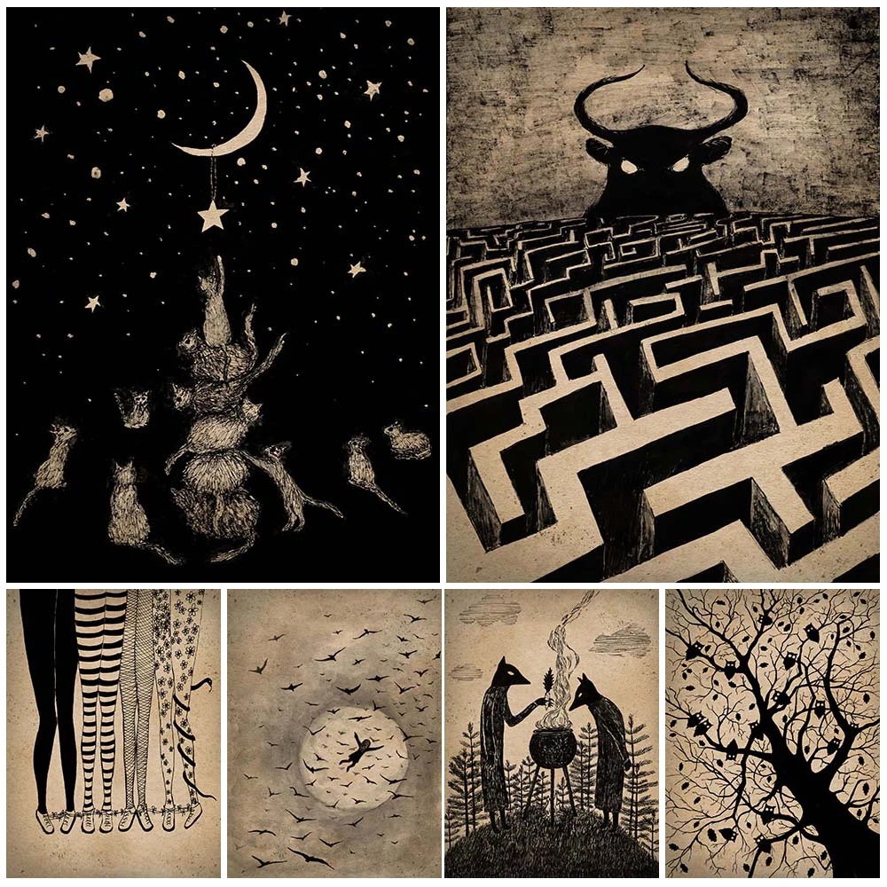 Flying Witch And Moon Retro Wall Art Canvas Painting Fantasy Witchcraft Magic Retro Pencil Drawing Poster And Prints Home Decor