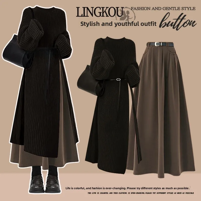 

Комплект из вязаного свитера с высокой талией и юбки-миди для женщин: винтажный стиль, длинный рукав, круглый вырез, повседневный модный образ