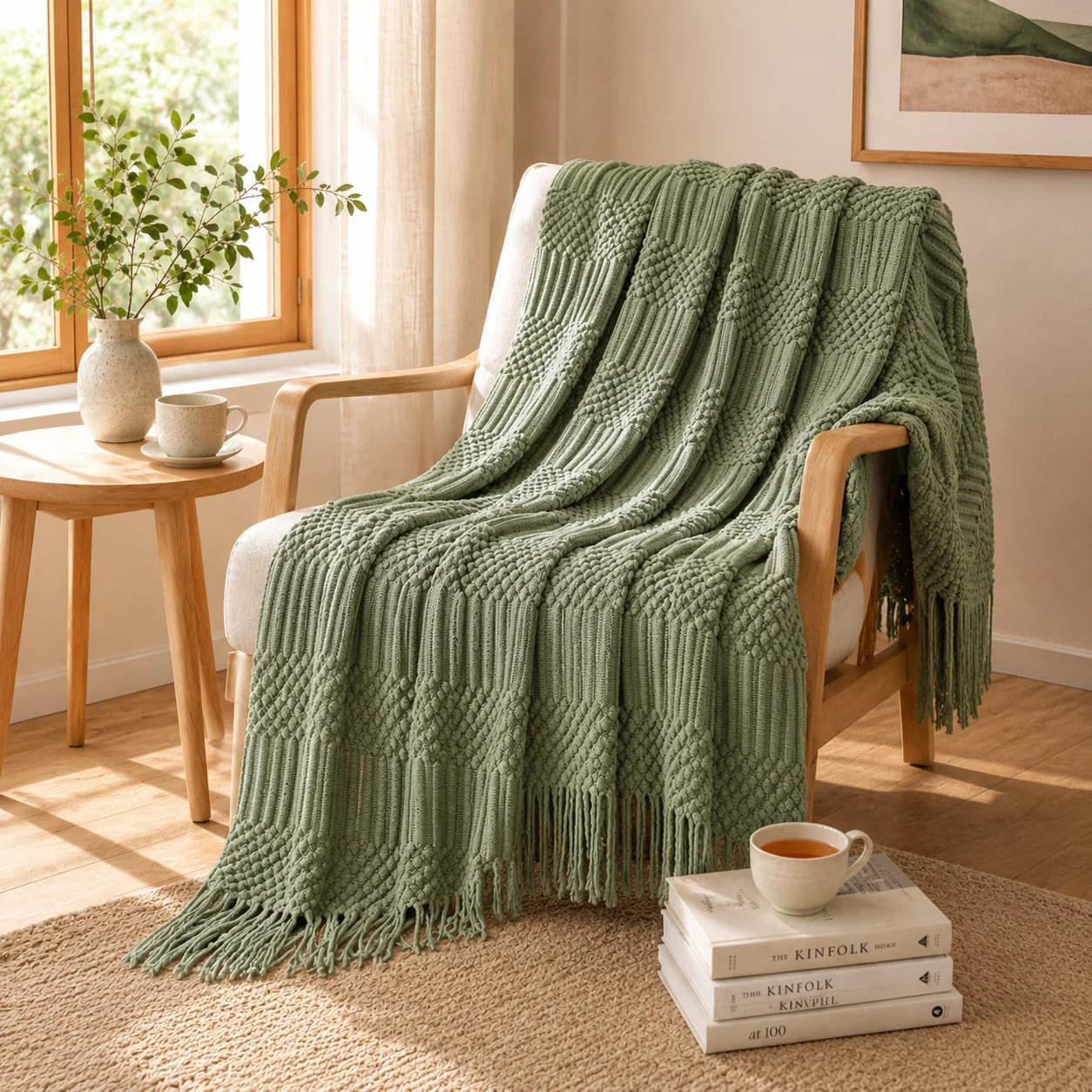 Boho Throw Blanket Fringe - Saliegroene gemengde gebreide deken met diamantstructuur