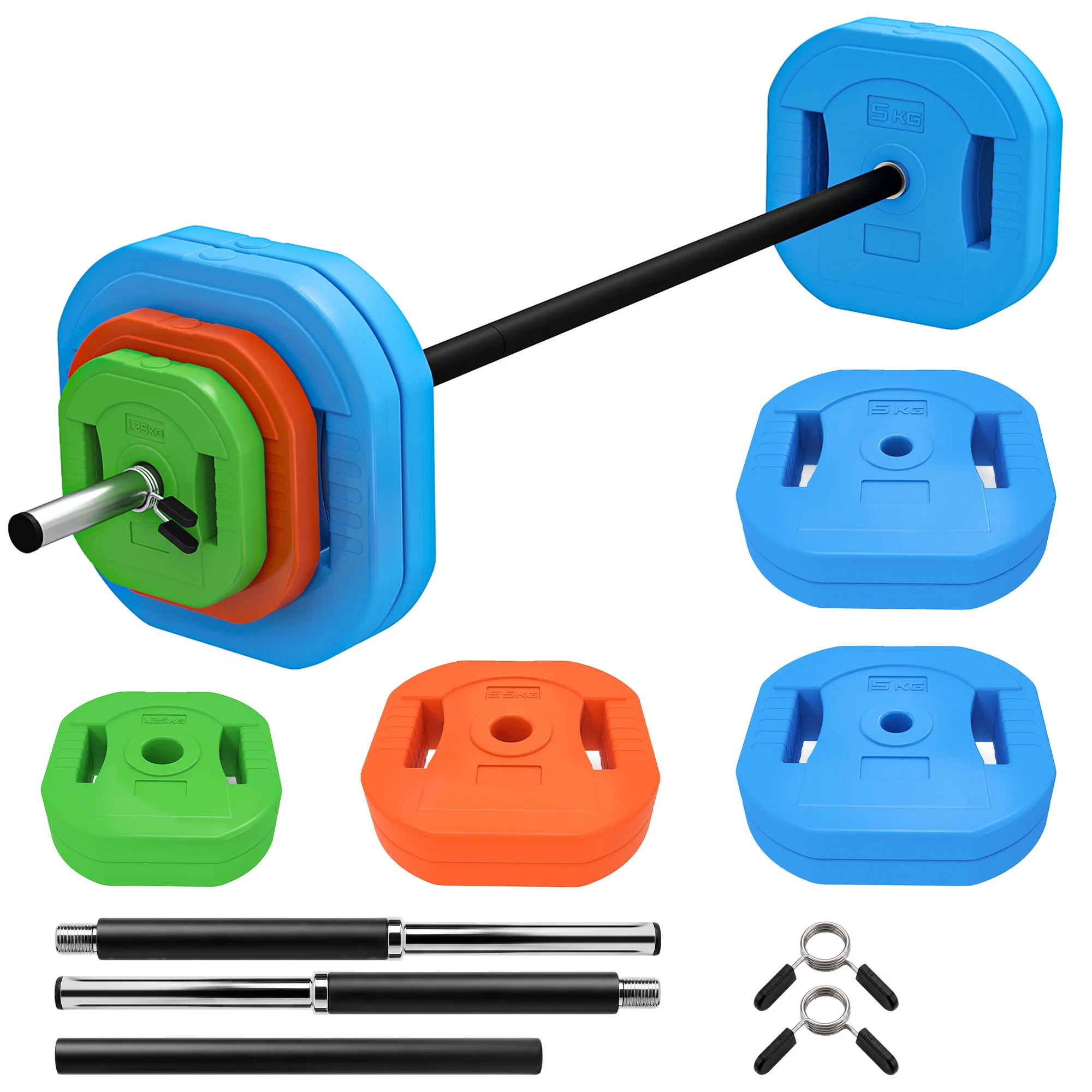 Sportnow Gewichtsstang 30 kg, verstelbare gewichtenset met een 140 cm lange stalen stang, 8 schijven van 4x5 kg, 2x2,5 kg, 2x1,25 kg, 2 clips, halterstel voor krachttraining thuis.