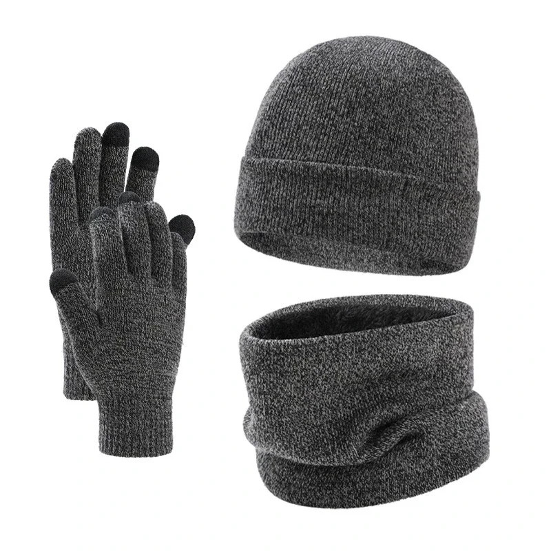 

Autumn Winter Outdoor Warm Brushed Men's Beanie Hat Scarf Gloves 3 Pieces Set Windproof Knit Ring Muffler Hats and Caps for Men