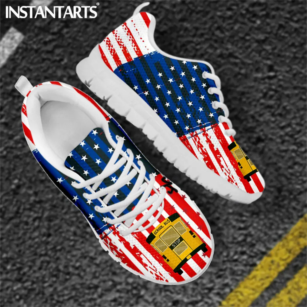 INSTANTARTS Cartoon School Bus with American Flag Print Woman Flats Lace Up Shoe Sneakers Girls Breathable Spring/Autumn Shoes