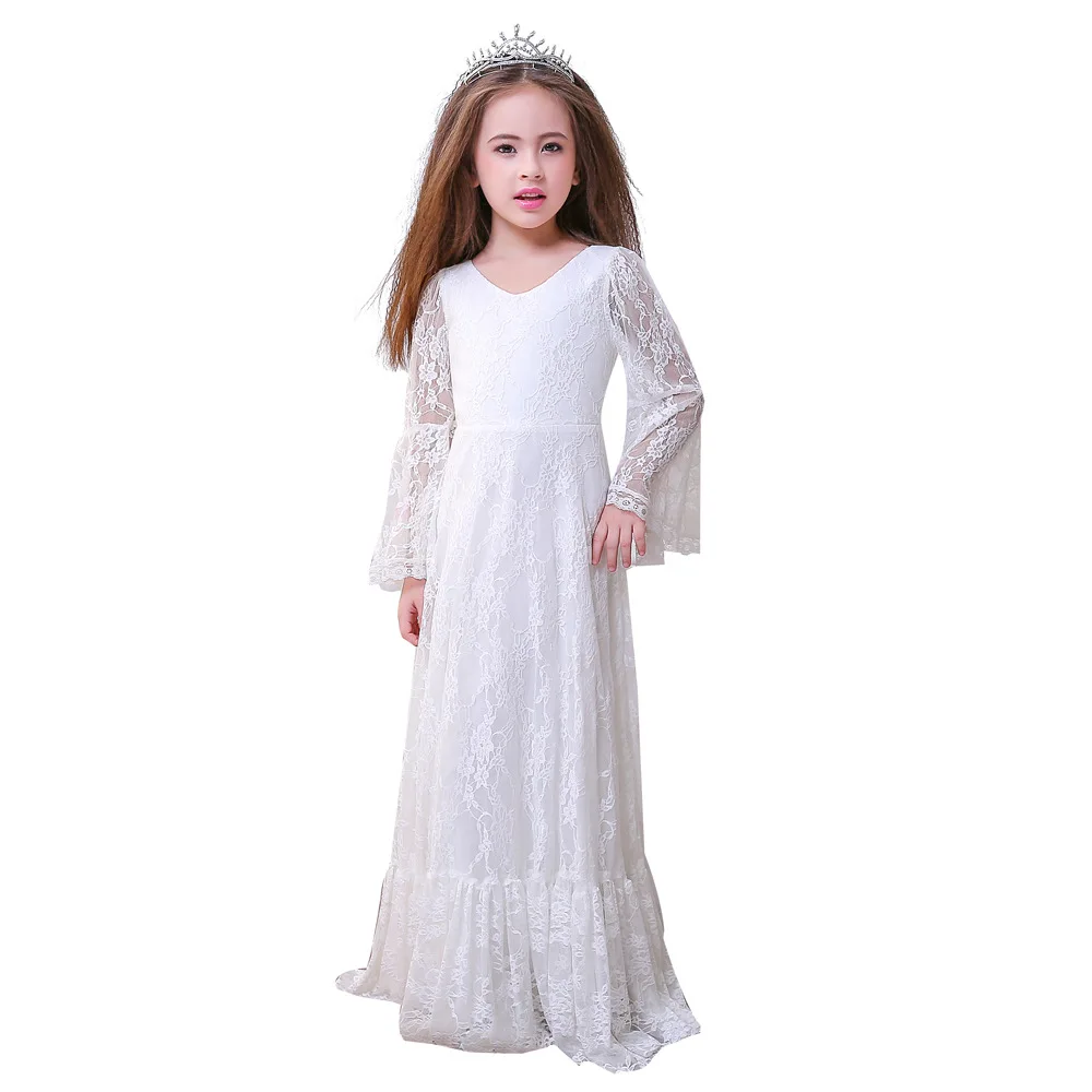 Vestidos blancos de primera comunión para niña, vestidos largos de encaje con manga larga y cuello en V para bodas y bebés