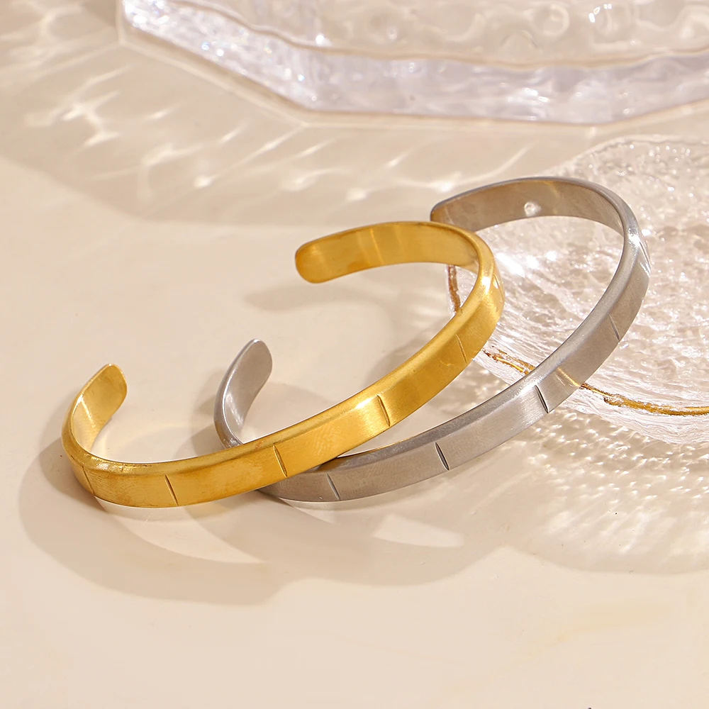 Trend Engraved Simple Line Texture Bangles Stainless Steel Gold Plated Open Cuff Bracelet Stacking Jewelry For Men Women