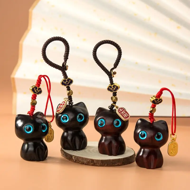 1pc Ebony Cute Black Cat Keychain Decor for Mobile Phone Chain Hand-knitted Creative Cute Accessories Sandalwood Wooden Gifts