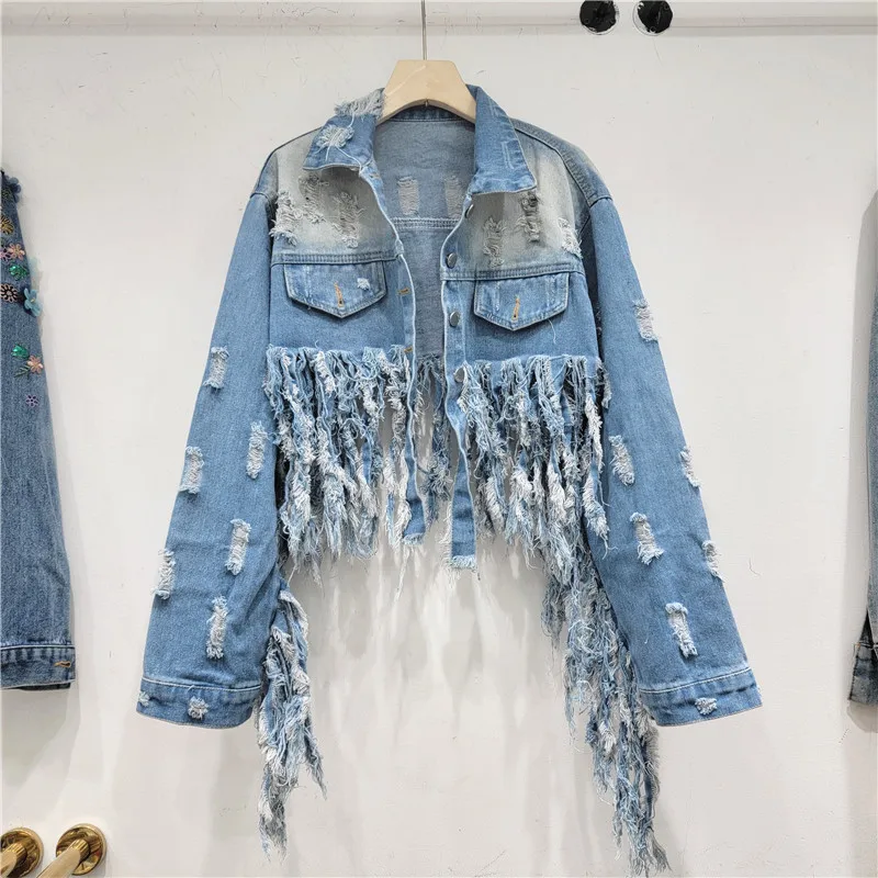 

Light Blue Short Hole Denim Jacket Frayed Fringe Hem Long Sleeve Lapel Single-breasted Spring Women Jeans Jacket Chaqueta Mujer