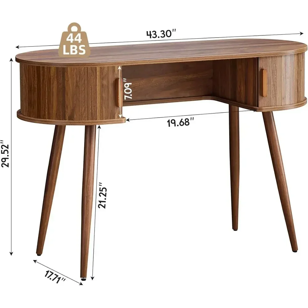 43 Walnut Oval Sliding Door Desk for Home Office, Compact Computer Desk for Small Spaces